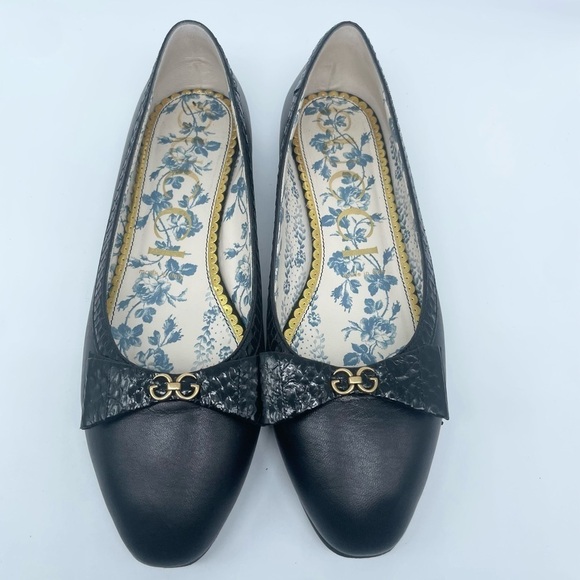 Gucci Black Leather Snake skin bow embellished GG Ballerina flats EU 38.5 - Picture 2 of 13